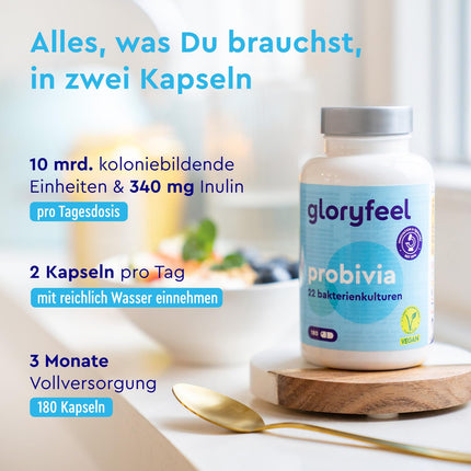 Probivia® Culture Complex with 500 billion CFU/g* - 22 bacterial strains + inulin - 180 gastro-resistant capsules - including Lactobacillus, Bifidobacterium -*this corresponds to 10 billion CFU per daily dose