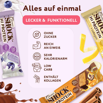 FitnesSHOCK Protein Bar Set Mix Box with high 30% 12g protein content Protein bar without added sugar with 5g collagen low carb high fiber low calorie 12pcs 40g