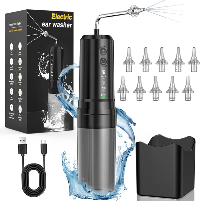 KIMTAR Earwax Remover, Ear Cleaner Electric Ear Irrigator with 4 Pressure Modes IPX7 Waterproof Rechargeable, 10 Nozzles Ear Cleaning for Adults Children at Home Black