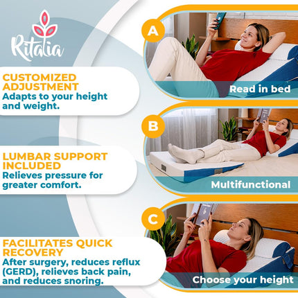 Ritalia® Wedge Pillow 3 Heights 60x60x30 cm | Back Cushion Bed and Vein Pillow | Ergonomic Seat Cushion Bed with Back Support, Ideal as a Wedge Pillow for Sleeping and Raising the Mattress