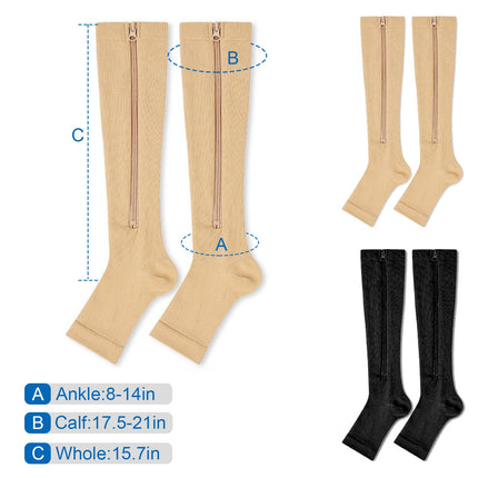 Naapesi 2 Pairs Compression Stockings with Zipper, Compression Socks with Zipper, Calf Height, Support Stockings with Open Toes for Varicose Veins, Edema, Recovery, Pregnancy