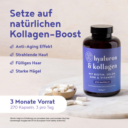 Hyaluron &amp; Collagen Complex | 270 Capsules | Highly dosed with hyaluronic acid, biotin, selenium, zinc, vitamin C &amp; bamboo extract | Hyaluron Collagen Complex | Skin, hair, nails | Alpha Foods