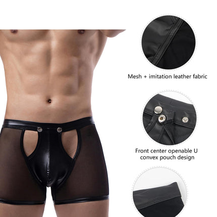 ohmydear Men's Boxer Shorts Leather Boxer Briefs Erotic Lingerie for Sex Mesh Underwear Men's Sexy Underpants Wetlook String Shorts Openable Pouch with Snap Fasteners