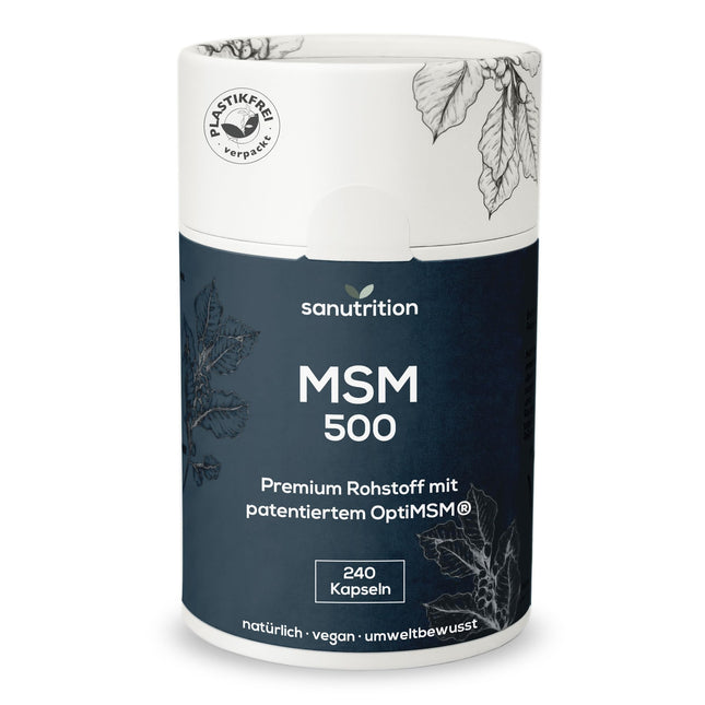 MSM 500 mg per capsule | 240 capsules | High dosage | Organic sulfur | With OptiMSM® branded raw material with particularly good bioavailability | Vegan | Natural paper packaging
