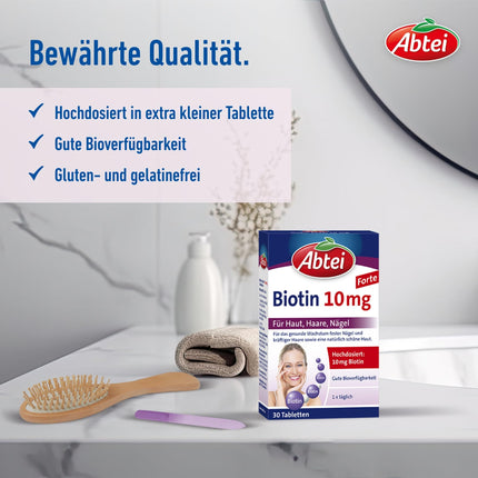 Abtei Biotin 10 mg Forte - For skin, hair, and nails - With 10 mg biotin - high dosage, gluten-free, suitable for vegetarians - 30 tablets
