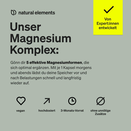 Magnesium Complex - Premium: Made from 5 high-quality compounds - 400mg elemental magnesium per daily dose - Laboratory-tested, vegan, high-dose