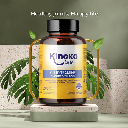 Kinoko life Glucosamine and Chondroitin – 240 capsules with MSM, marine collagen, hyaluronic acid, turmeric, black pepper, ginger, boswellia, and quercetin. For joints, cartilage, and bones.
