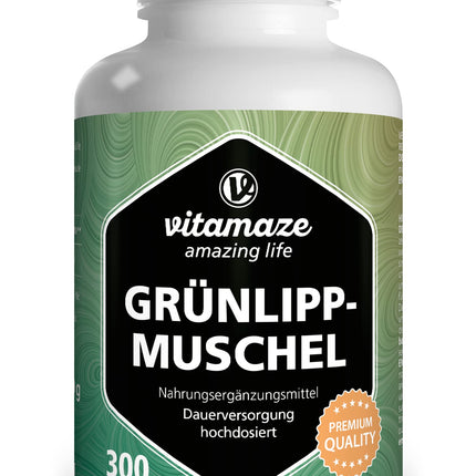 Green-lipped mussel capsules with high dosage: 1500 mg green-lipped mussel powder from New Zealand per daily dose, 300 capsules continuous supply, natural food supplement without additives, made in Germany