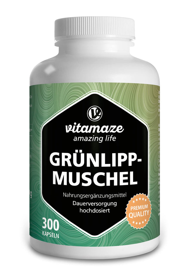 Green-lipped mussel capsules with high dosage: 1500 mg green-lipped mussel powder from New Zealand per daily dose, 300 capsules continuous supply, natural food supplement without additives, made in Germany