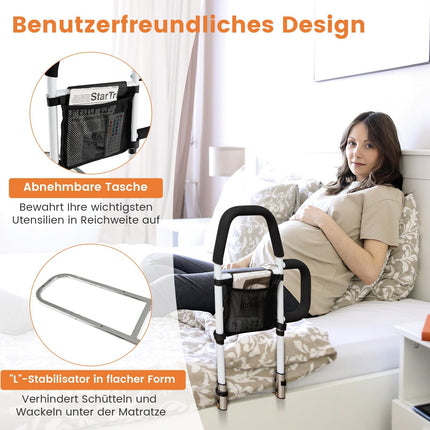 COSTWAY Bed Rail, Bed Rail for Adults, Bedside Guard with 2 Handrails &amp; Bag &amp; Fastening Strap, up to 136 kg, Side Protection, Bed Handle, Bed Railing, Protective Railing for Elderly Pregnant Women, Silver