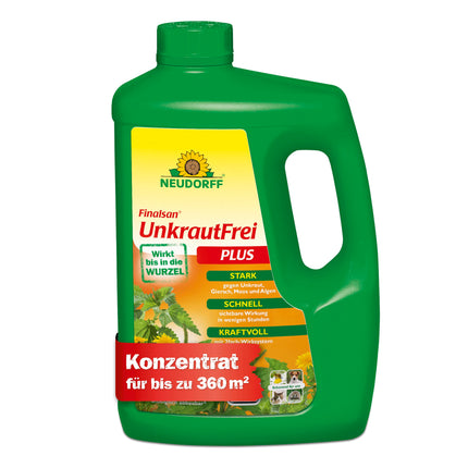 Neudorff Finalsan UnkrautFrei Plus Concentrate, a powerful weed killer that works right down to the root. Fast-acting weed remover, 1 x 2 liters, green