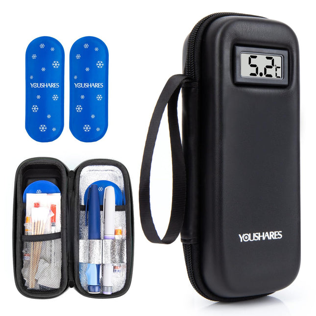 YOUSHARES Insulin Pen Bag with 2 TSA Ice Packs, Insulin Cooling Bag with Temperature Display, Small Insulated Bag, Cooler Box, Mini Case for Syringes, Insulin, and Other Medication Accessories (Black)