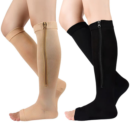 Naapesi 2 Pairs Compression Stockings with Zipper, Compression Socks with Zipper, Calf Height, Support Stockings with Open Toes for Varicose Veins, Edema, Recovery, Pregnancy