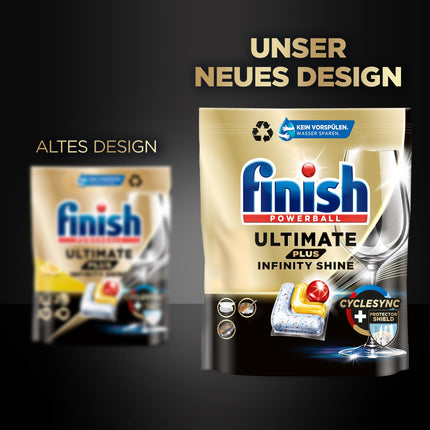 Finish Ultimate Plus Infinity Shine Citrus Dishwasher Tablets – Dishwasher tablets for intensive cleaning, grease-cutting power and shine with protective shield – 105 Caps, Tablet, Lemon