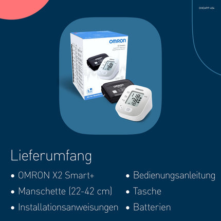 OMRON X2 Smart+ clinically validated upper arm blood pressure monitor with Bluetooth + free app, seal of approval from the German Hypertension League for accurate measurement results, universal cuff 22-42 cm