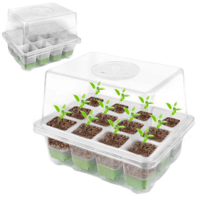 Leikurvo Indoor Greenhouse Seedling Box, Reusable Seedling Tray with 12 Planting Holes and Raised Lid Mini Greenhouse Seedling Trays for Plants, Herbs, Flowers, Vegetables, Fruits