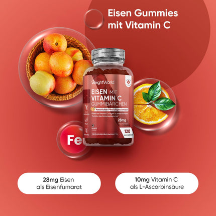 Iron &amp; Vitamin C Gummies - 2 Month Supply - 28mg Iron &amp; 10mg Vit C - 120 Gummies - Iron &amp; Vitamin C contribute to normal energy metabolism (EFSA) - Alternative to iron tablets