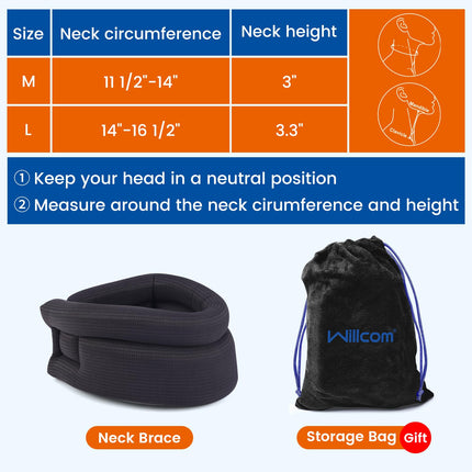 Willcom Neck Support for Neck Pain, Soft Cervical Collar for Sleeping, Vertebra Alignment and Stabilization, Relieves Pressure in the Spine (Black, Large, 35-42CM)