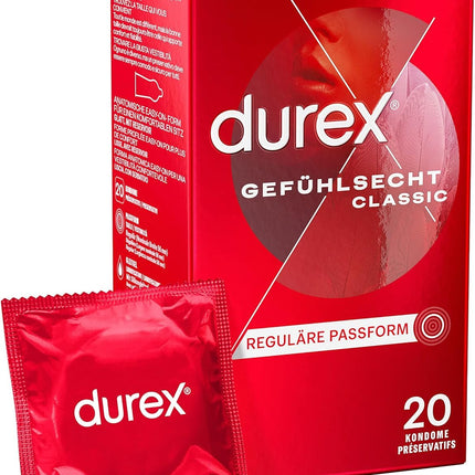 Durex Real Feel Classic Condoms – Thin condoms with an anatomical easy-on shape &amp; lubricated with silicone gel – 20 pack