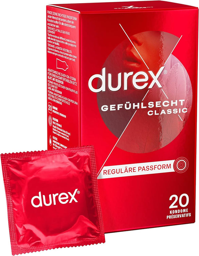 Durex Real Feel Classic Condoms – Thin condoms with an anatomical easy-on shape &amp; lubricated with silicone gel – 20 pack