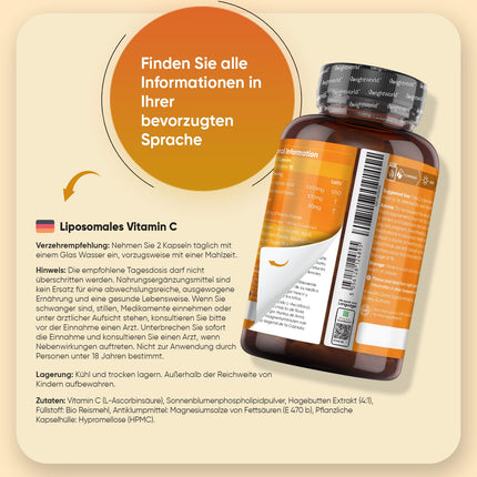 Liposomal Vitamin C - 1000mg Vit C, 100mg Sunflower Phosphate &amp; 30mg Rosehip - 180 Vegan Capsules - Gluten-Free &amp; Non-GMO - WeightWorld