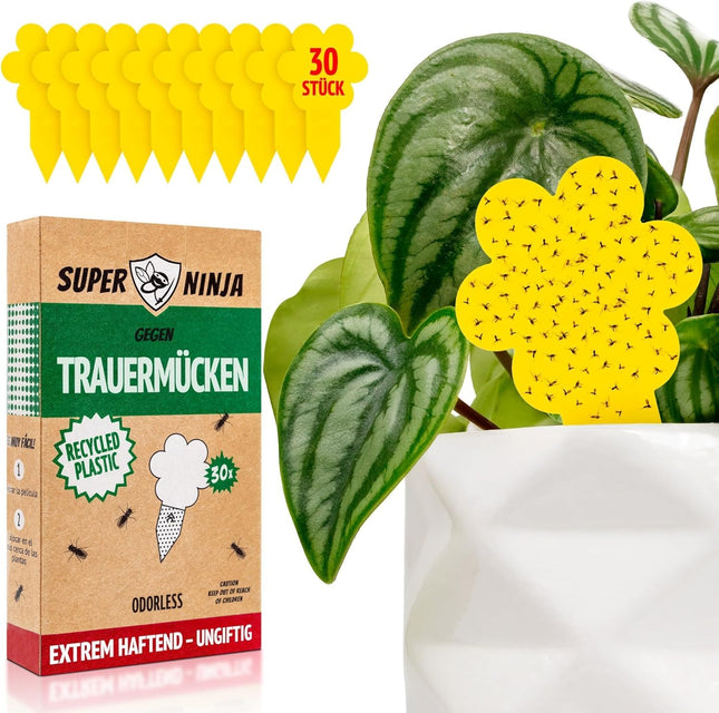 Super Ninja Fungus Gnat Control - 30-pack, highly effective yellow sticky traps for indoor use, yellow sticky trap for plants, non-toxic and environmentally friendly, yellow stickers usable for 3 months