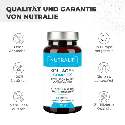 Collagen Capsules Complex + Q10 Hyaluron - High Dose - Joints Skin - Biotin Vit CD B12 Zinc - Collagen Hydrolysate in 60 Capsules - Nutralie