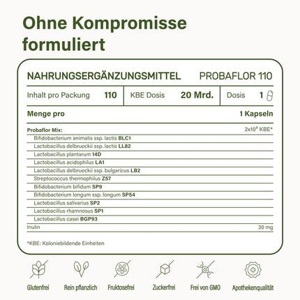 Nupure® Probaflor with 345 billion CFU/g*, 110 capsules with 11 special bacterial strains, With inulin and Lactobacillus salivarius SP2, Better protection thanks to special container, Vegan