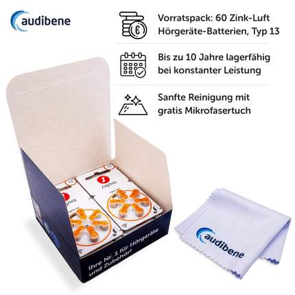 Siemens-Signia hearing aid batteries type 13 orange, batteries for hearing aids, 60-pack, Made in Germany, including FREE cleaning cloth, Wireless Approved, mercury-free