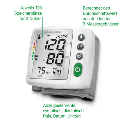 Medisana BW 315 wrist blood pressure monitor, precise blood pressure and pulse measurement, high blood pressure monitor with traffic light scale, blood pressure cuff with arrhythmia detection, memory function