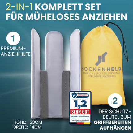 SOCKENHELD® 2-in-1 Premium Stocking Aid – with hanging pocket for extra protection &amp; hygiene – Comfort drawstrings – Ideal for seniors, pregnant women &amp; those with limited mobility – 23 cm
