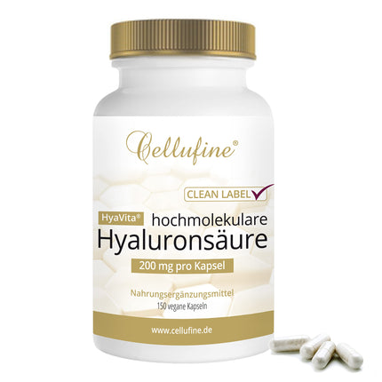 Cellufine® HyaVita Hyaluronic Acid 150 Capsules – high-dose, high-molecular, gluten-free, vegan – 150 gluten-free capsules with HyaVita Hyaluronic Acid | natural &amp; without preservatives