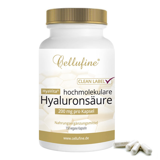Cellufine® HyaVita Hyaluronic Acid 150 Capsules – high-dose, high-molecular, gluten-free, vegan – 150 gluten-free capsules with HyaVita Hyaluronic Acid | natural &amp; without preservatives