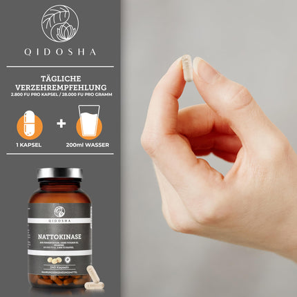 QIDOSHA® Nattokinase capsules, high-dose, highest enzyme activity with 28000 FU/g, 240 capsules in a glass jar, vegan, without vitamin K2, final product soy-free