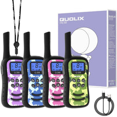QUOLIX WalkieTalkie Kids, Rechargeable with 24h Talk Time, 3km Range, 8 Channels &amp; 99 Codes, LED Flashlight, Camouflage Design Walkie Talkies for Outdoor, Camping, Hiking (4 Colors)