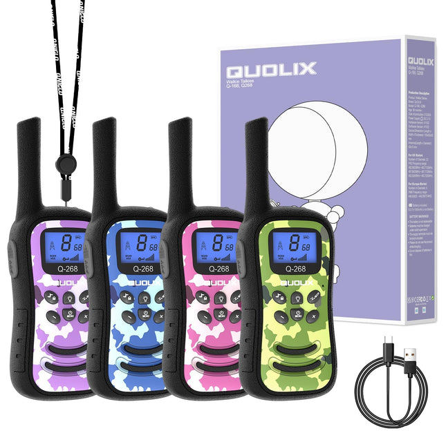 QUOLIX WalkieTalkie Kids, Rechargeable with 24h Talk Time, 3km Range, 8 Channels &amp; 99 Codes, LED Flashlight, Camouflage Design Walkie Talkies for Outdoor, Camping, Hiking (4 Colors)