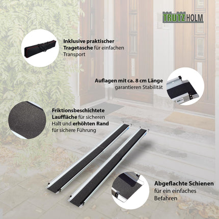 TRUTZHOLM wheelchair ramp, telescopic ramp, 120-213 cm, loading ramp, access ramp, pair | 270 kg | anti-slip coating, lightweight in a textile bag (213)