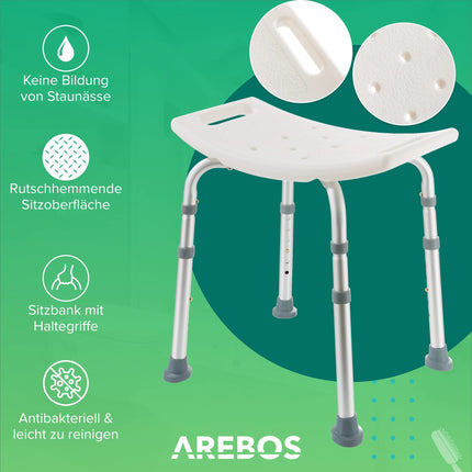 Arebos Shower Stool | Height-adjustable | Aluminum frame | Anti-slip rubber feet | Seat with safety handles | Shower aid | Shower chair | Shower seat | Bath stool | Bathtub seat | for seniors