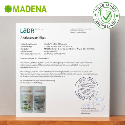 MADENA HistaEx Synbio – Lactic acid bacteria and bifidobacti for histamine intolerance and fructose intolerance – 60 capsules + 2 soluble fibers, daily dose of 20 billion bacteria