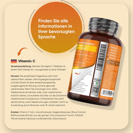 Vitamin C 1000mg per tablet - 180 vegan tablets for 6 months - Vit C as L-ascorbic acid with bioflavonoids &amp; rosehip - WeightWorld