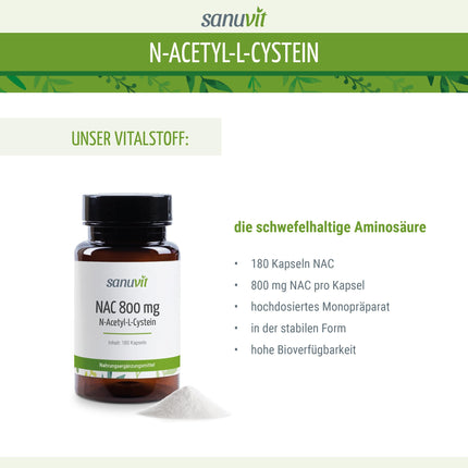 Sanuvit® - NAC | 180 Capsules | High Dosage | N-Acetyl-L-Cysteine ​​| High Bioavailability and Tolerability | Vegan | Made in Austria (180 Capsules, 800 mg)