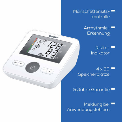 Beurer BM 27 upper arm blood pressure monitor with cuff fit control, clinically validated, for upper arm circumferences of 22-42 cm, risk indicator, arrhythmia detection, notification of application errors