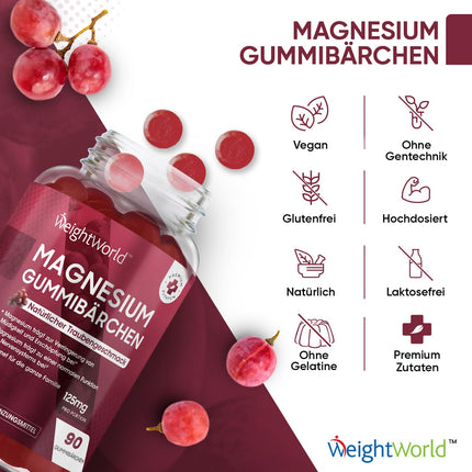 Magnesium Gummies 125mg - 90 Magnesium Citrate Gummies for Adults &amp; Children - For Fatigue, Nervous System &amp; Electrolytes (EFSA) - Grape Flavor - Alternative to Capsules &amp; Tablets - WeightWorld