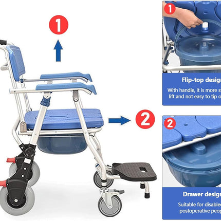 Generic Commode Chair with Wheels for Seniors 150kg Foldable Commode Chair with Armrest Mobile Commode Chair Shower Chair with Wheels WC Chair with Removable Bucket