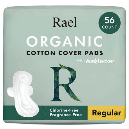 Rael Sanitary Pads with Wings Organic Cotton Cover Pads – Odorless, Leak-Proof, Thin and Super Absorbent Pads with Wings for Women (Regular, 56 Count)