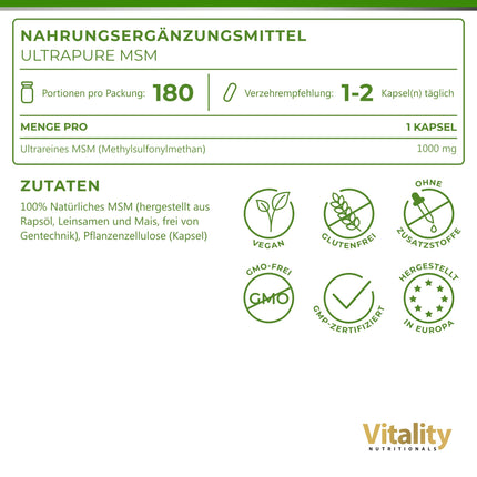 MSM High Dose, Ultra Pure MSM Capsules with 1000 mg Methylsulfonylmethane, 180 Capsules for 6 Months, No Unnecessary Additives Vitality Nutritionals by VitaminExpress