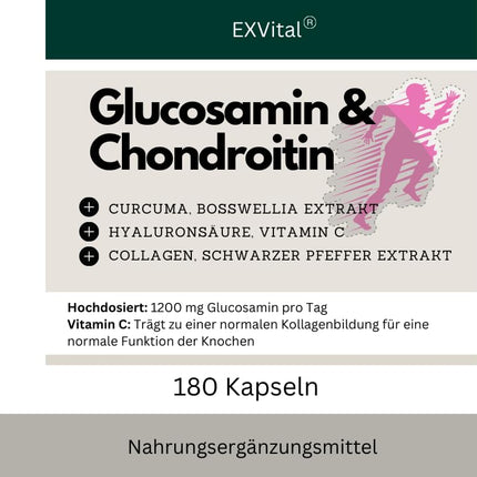Glucosamine Chondroitin high dose - 1200 mg per day - with turmeric, frankincense, hyaluronic acid, vitamin C, collagen &amp; piperine - 180 capsules, laboratory-tested