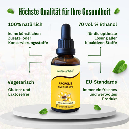 Propolis Tincture 40% - 50 ml - Pure High-Dose Drops - 100% Natural Extract - Immune System Support - Practical Pipette - NatimaVita