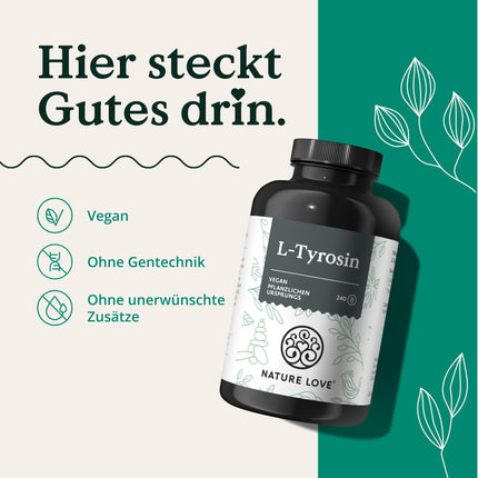 Nature Love L-Tyrosine 240 vegan capsules - 1000 mg per daily dose - 4-month supply - from fermentation, laboratory-tested and produced in Germany - no unwanted additives
