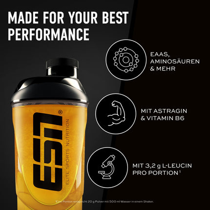 ESN AMINOS, Peach Iced Tea, 400 g, fine amino powder with essential amino acids &amp; astragin, 3.2 g leucine per serving, ideal solubility, vegan - made in Germany